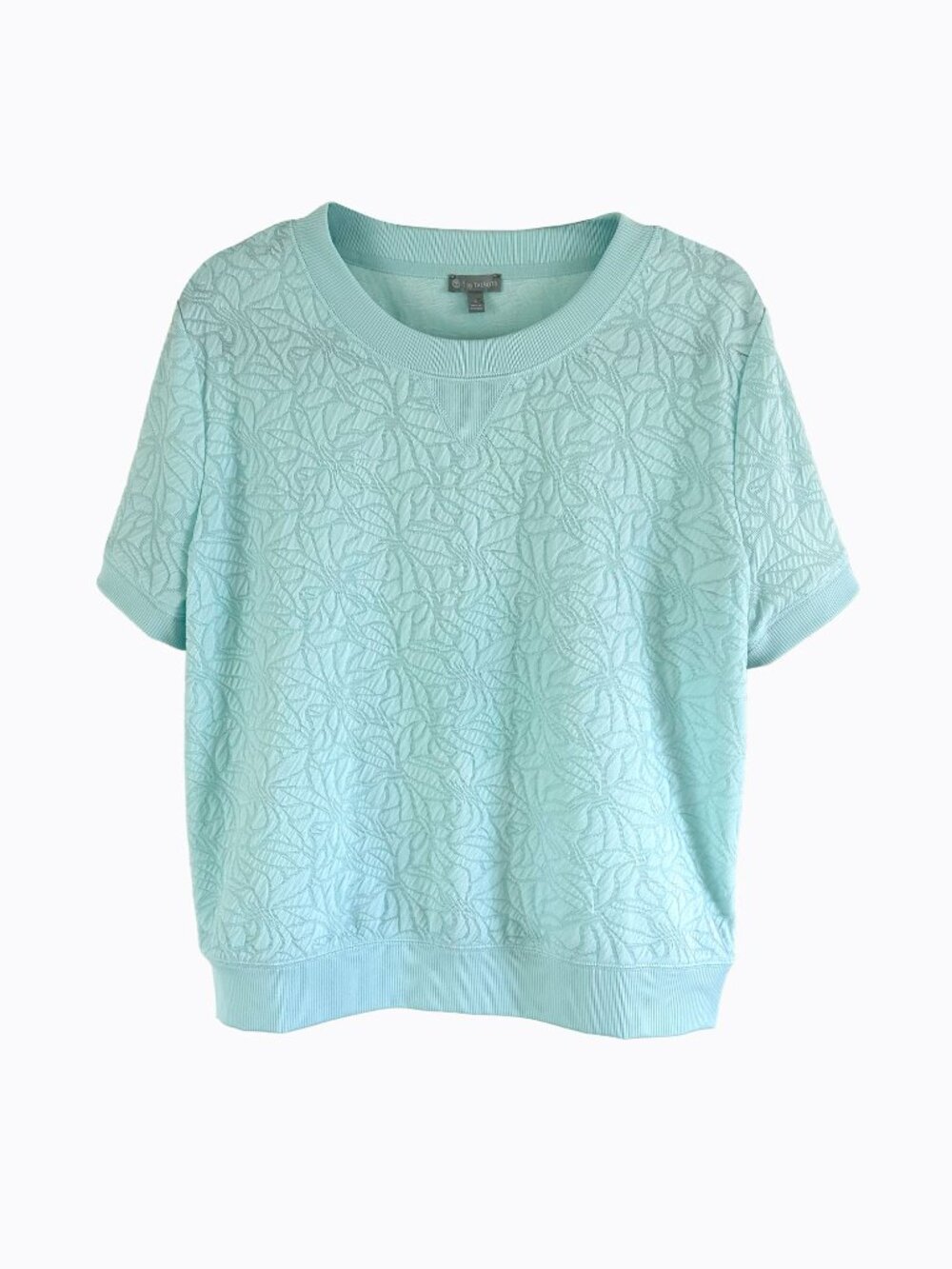 Talbots Floral Jacquard Crewneck Tee L Light Blue Cottagecore Coastal Athleisure
